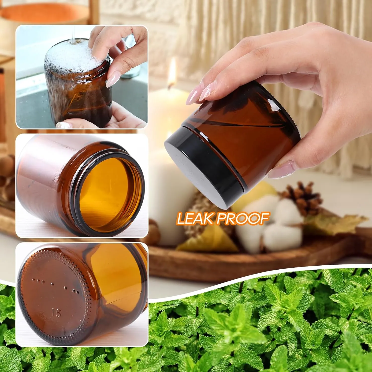 3 Pack 4 oz Amber Glass Jars with lids, Cosmetic Jars with Inner Liners and Black Lids, Lotion Jars, Candle Making Jars for Lotions, Scrubs and Cosmetic, Lables and Spatulas Include