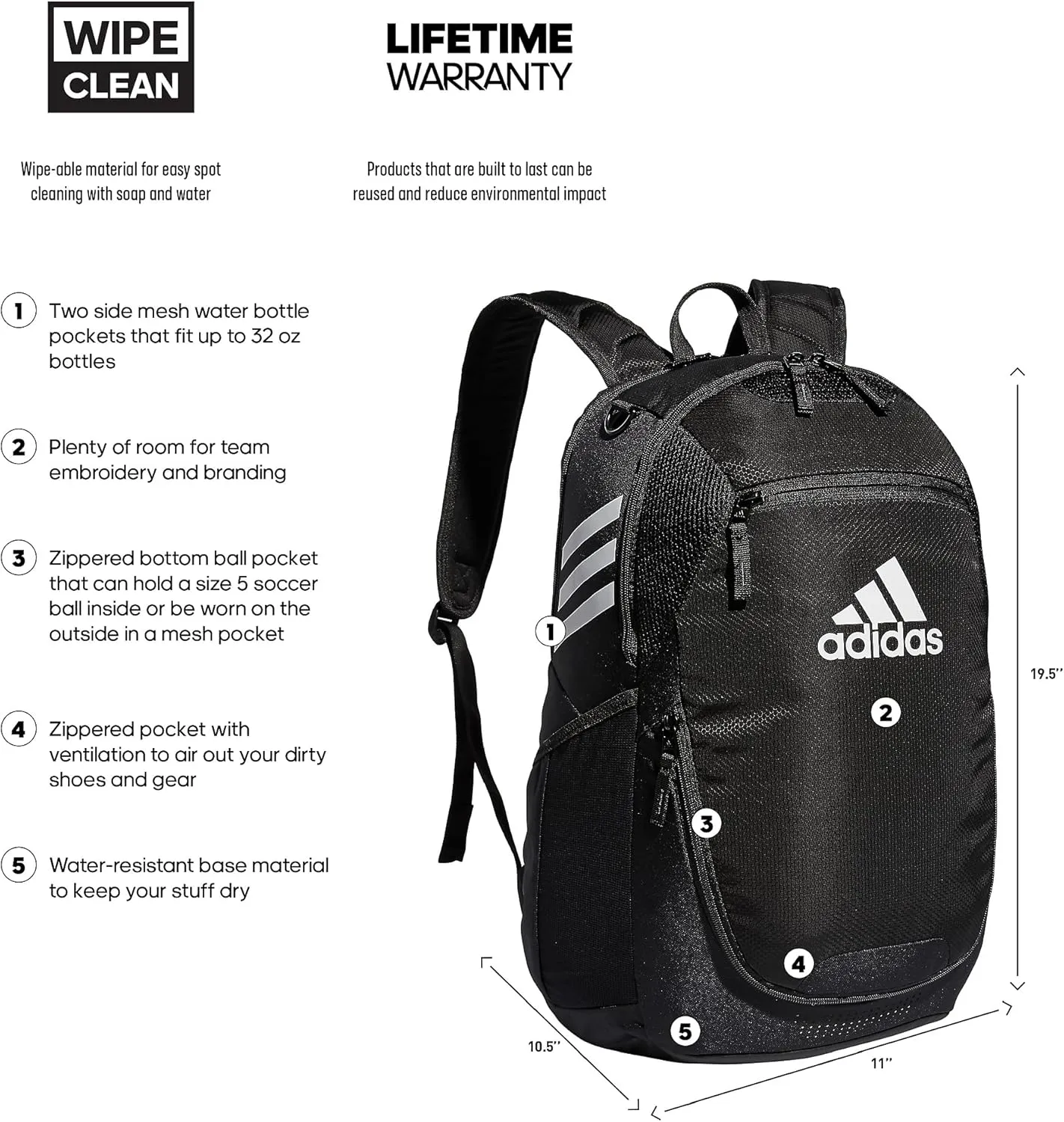 adidas Stadium Team Sports Backpack for Men and Women (36l) Durable Athletic Laptop Bag, Black/3.0, One Size