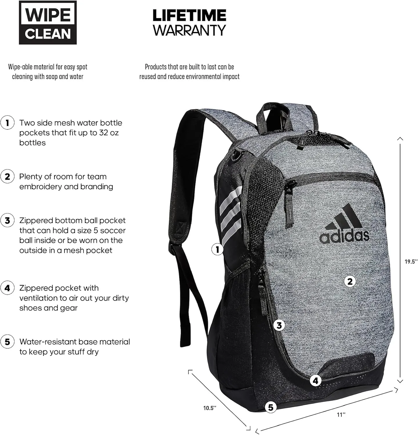 adidas Stadium Team Sports Backpack for Men and Women (36l) Durable Athletic Laptop Bag, Jersey Onix Grey/3.0, One Size