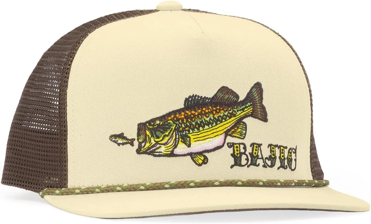 Bajo Flat Brim Fishing Hat  Marine Art Snapback Trucker Cap with Embroidered Ocean Design, Breathable and Coastal-Ready