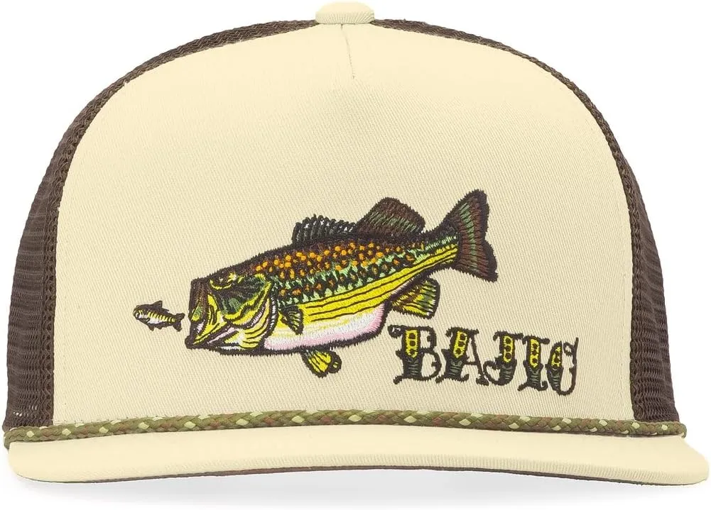 Bajo Flat Brim Fishing Hat  Marine Art Snapback Trucker Cap with Embroidered Ocean Design, Breathable and Coastal-Ready