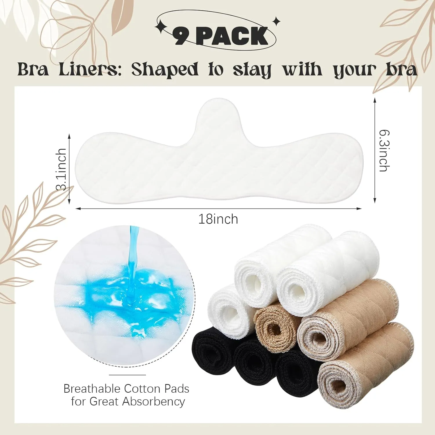 Boyiee 9 Pcs Cotton Bra Liners 3 Layer Reusable Washable Under Breast Sweat Absorber Pads for Woman, 2 Size