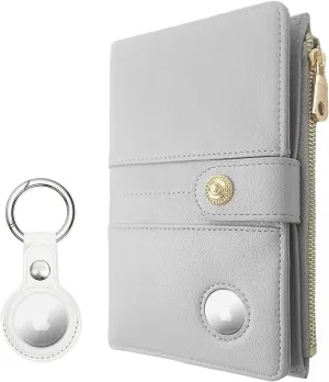 elzama Airtag Passport Holder Women, RFID Blocking Passport Wallet with Air Tag Holder, Zipper Pocket Card Slots Pen Holder & Air Tags Keychain (Airtag Not Included) Grey