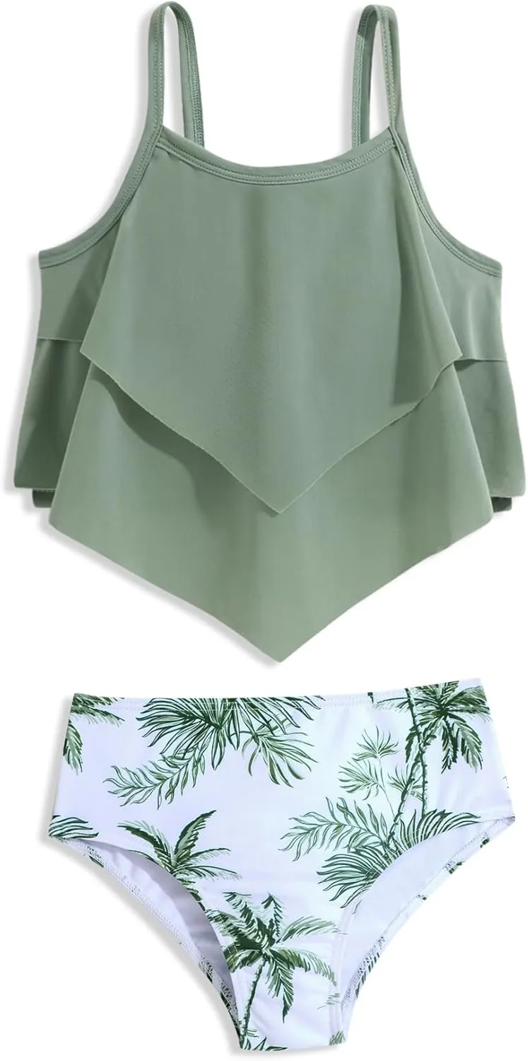 Girls Tankini Swimsuits Two Piece Bathing Suit Ruffle Swimwear Set for Girls 7-16 Years