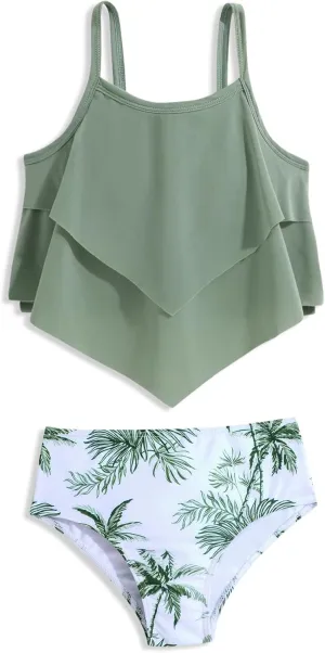 Girls Tankini Swimsuits Two Piece Bathing Suit Ruffle Swimwear Set for Girls 7-16 Years