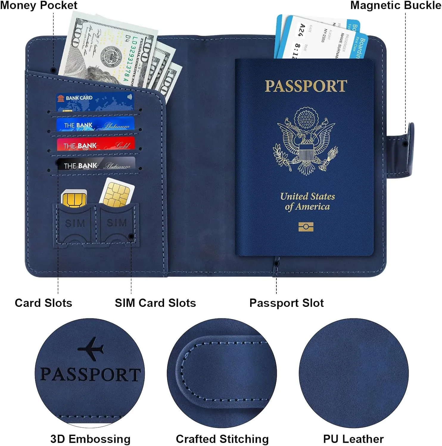 Herain Dark Blue Passport Holder for Travel, Passport Wallet Cover Case Women Men Family Cruise Ship Essentials, RFID Passport Book Holders Travel Accessories Vacation Must Haves
