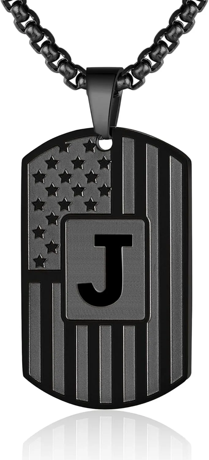 Initial A-Z Necklace for Men American Flag Dog Tag A-Z Pendant Stainless Steel Chain 22 2 Inches Personalized Patriotic Jewelry for Men
