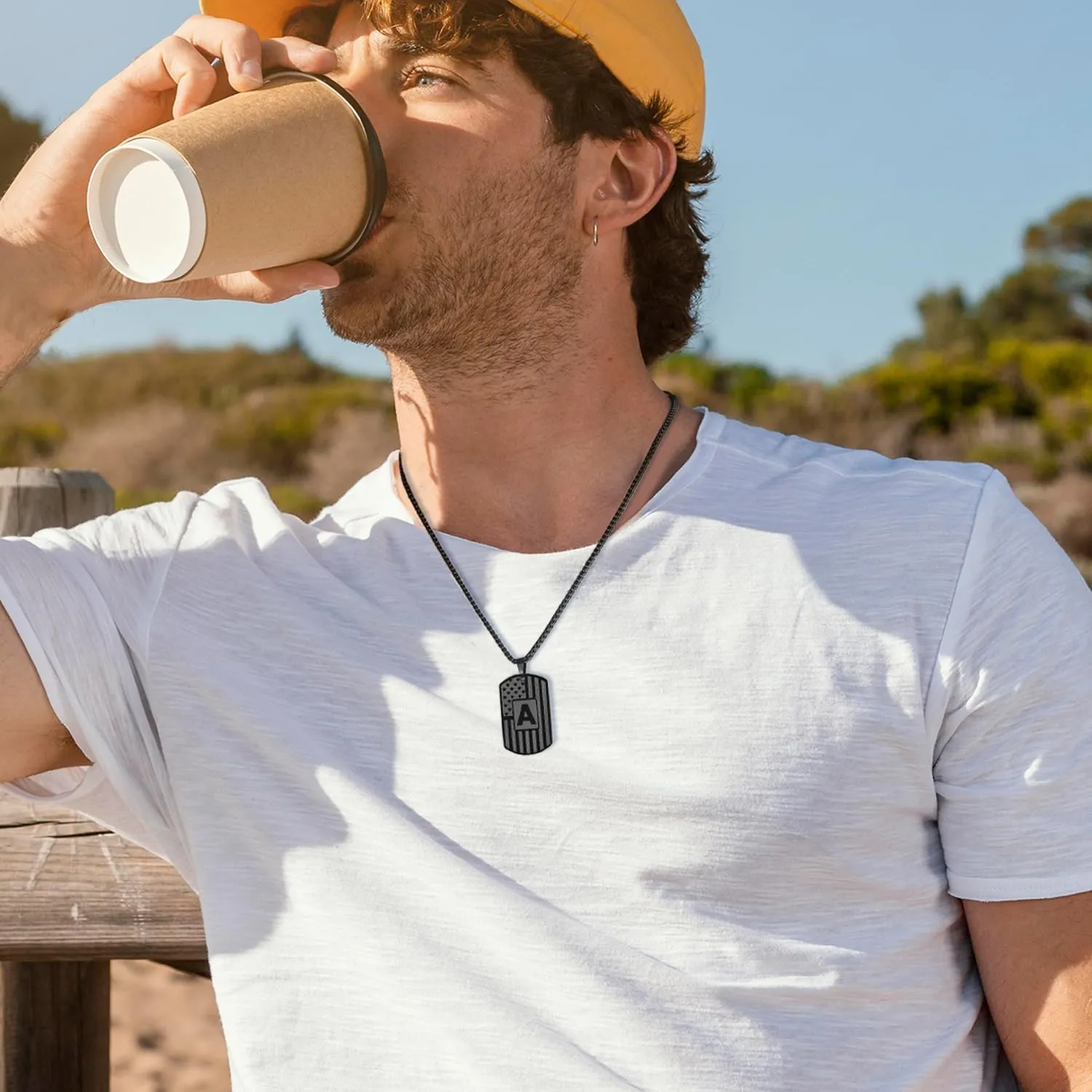 Initial A-Z Necklace for Men American Flag Dog Tag A-Z Pendant Stainless Steel Chain 22 2 Inches Personalized Patriotic Jewelry for Men