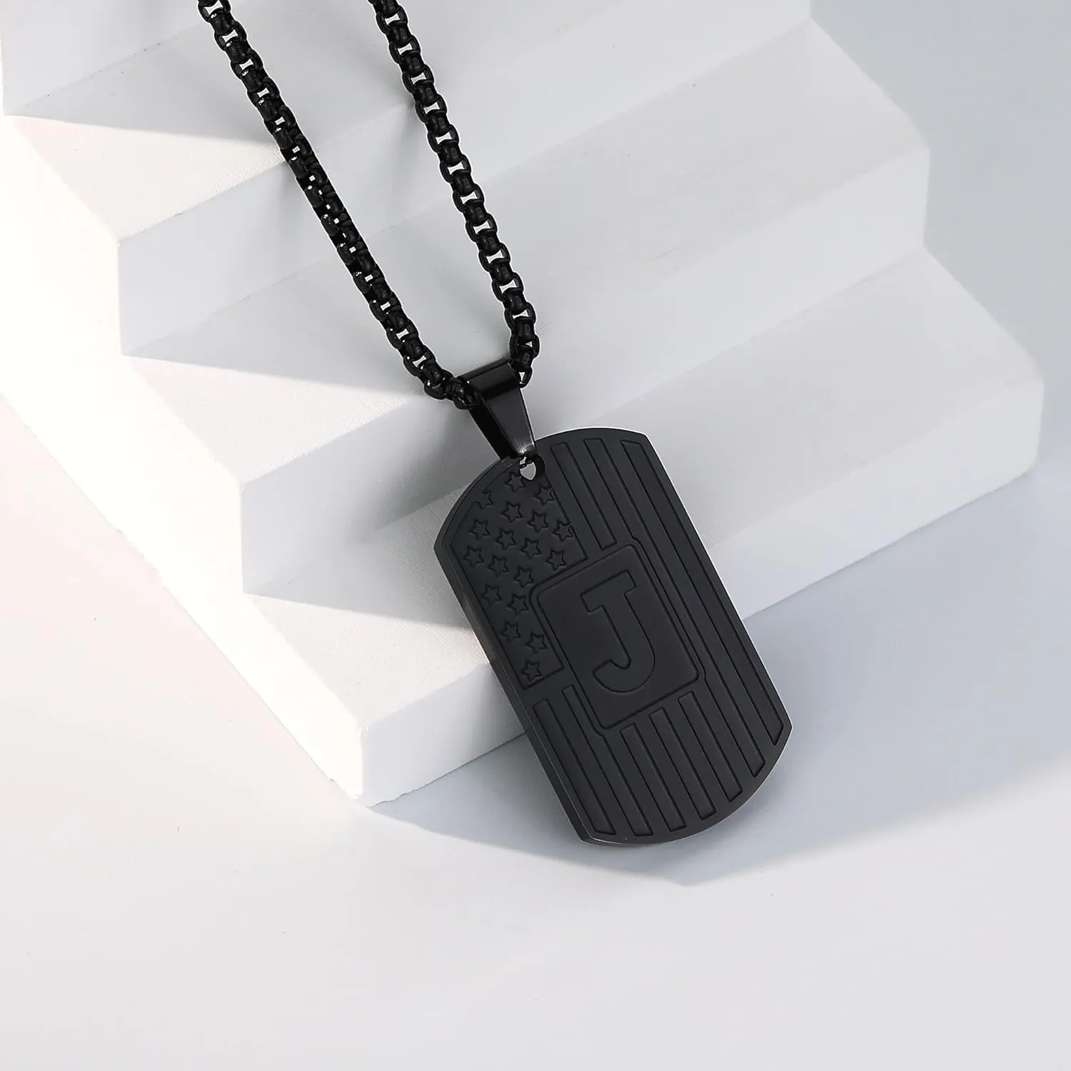 Initial A-Z Necklace for Men American Flag Dog Tag A-Z Pendant Stainless Steel Chain 22 2 Inches Personalized Patriotic Jewelry for Men