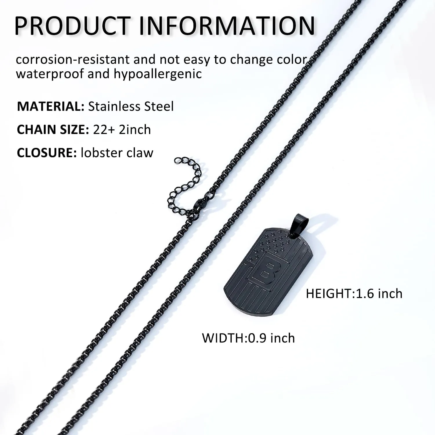 Initial A-Z Necklace for Men American Flag Dog Tag A-Z Pendant Stainless Steel Chain 22 2 Inches Personalized Patriotic Jewelry for Men