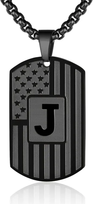 Initial A-Z Necklace for Men American Flag Dog Tag A-Z Pendant Stainless Steel Chain 22 2 Inches Personalized Patriotic Jewelry for Men
