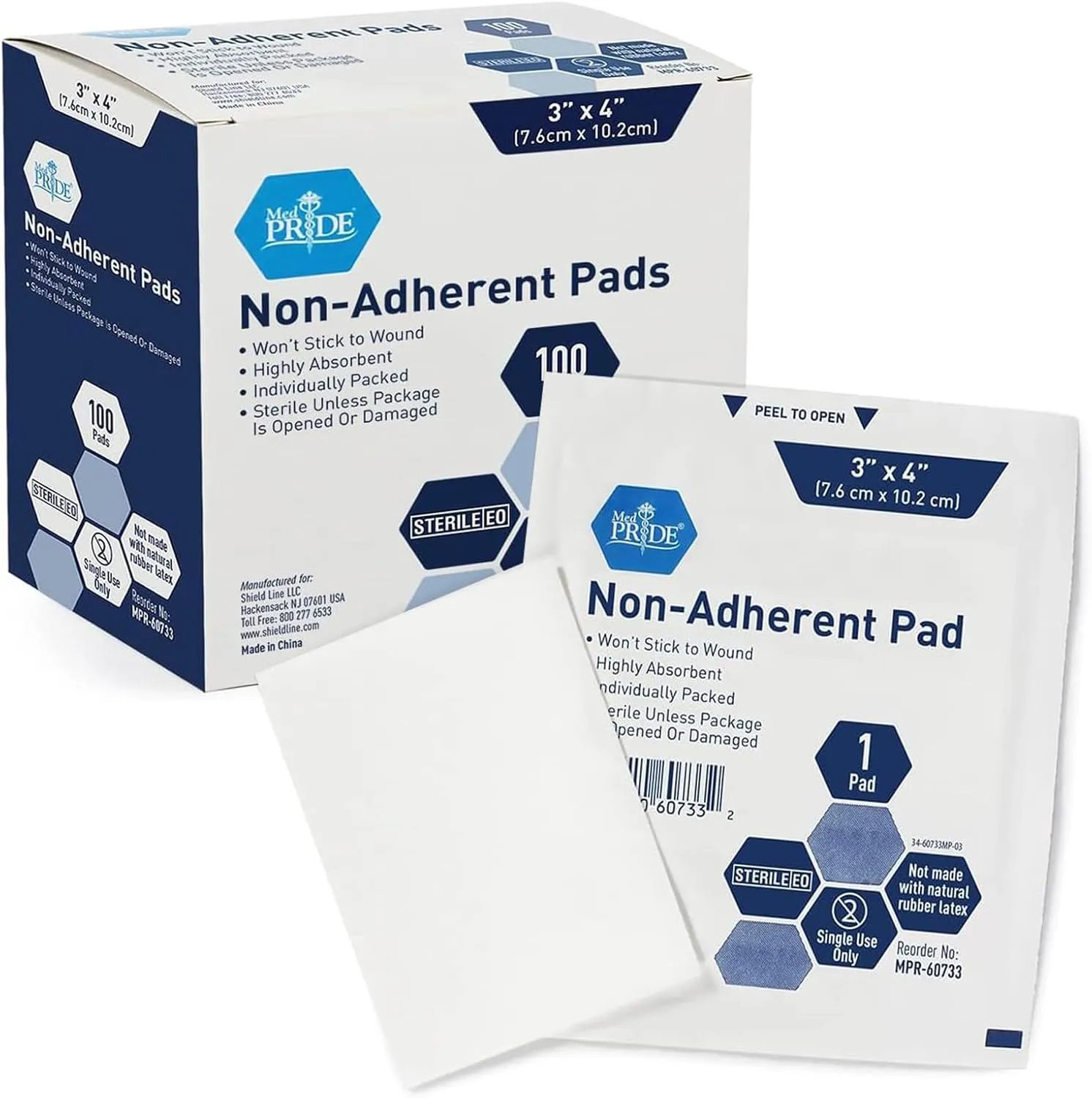 MED PRIDE Non-Adherent Pads 3" X 4" Sterile Wound Dressings, Individually Wrapped, Highly Absorbent, Painless Removal, Pack of 100