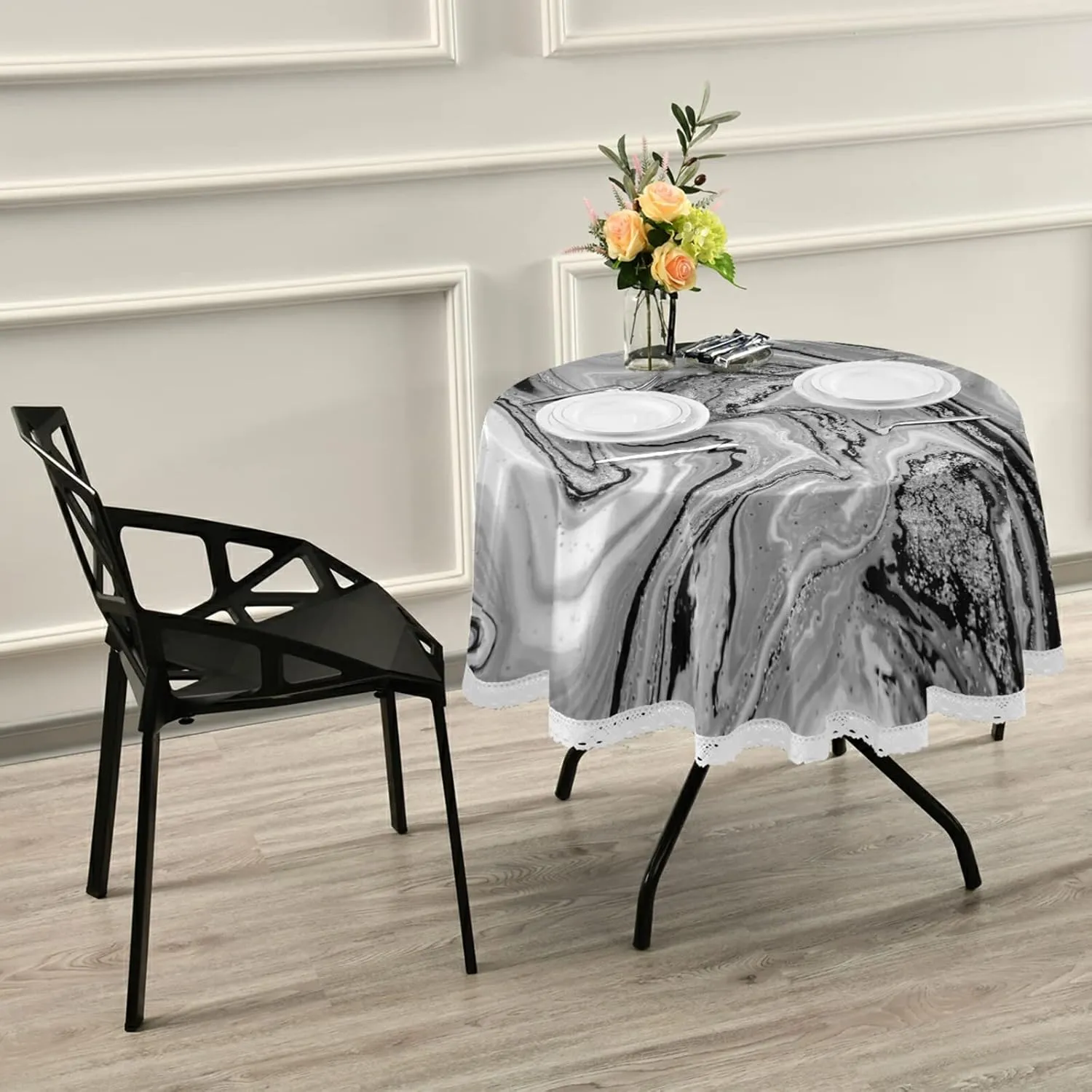 Natural Luxury Black Grey White Marble Golden Powder Oriental Art Round Lace Tablecloth, Washable Circular Macrame Table Cloth Cover for Kitchen Dinner Party Tabletop Decor 60"x 60"
