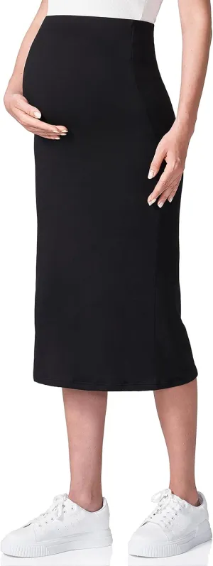 POSHDIVAH Women's Maternity Skirt Over The Belly Midi High Waisted Solid Stretchy Pregnancy Pencil Skirt