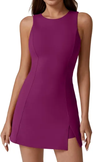 QINSEN Womens Crew Neck Tennis Dress Sleeveless Side Slit Golf Athletic Dress Build in Shorts with Pockets