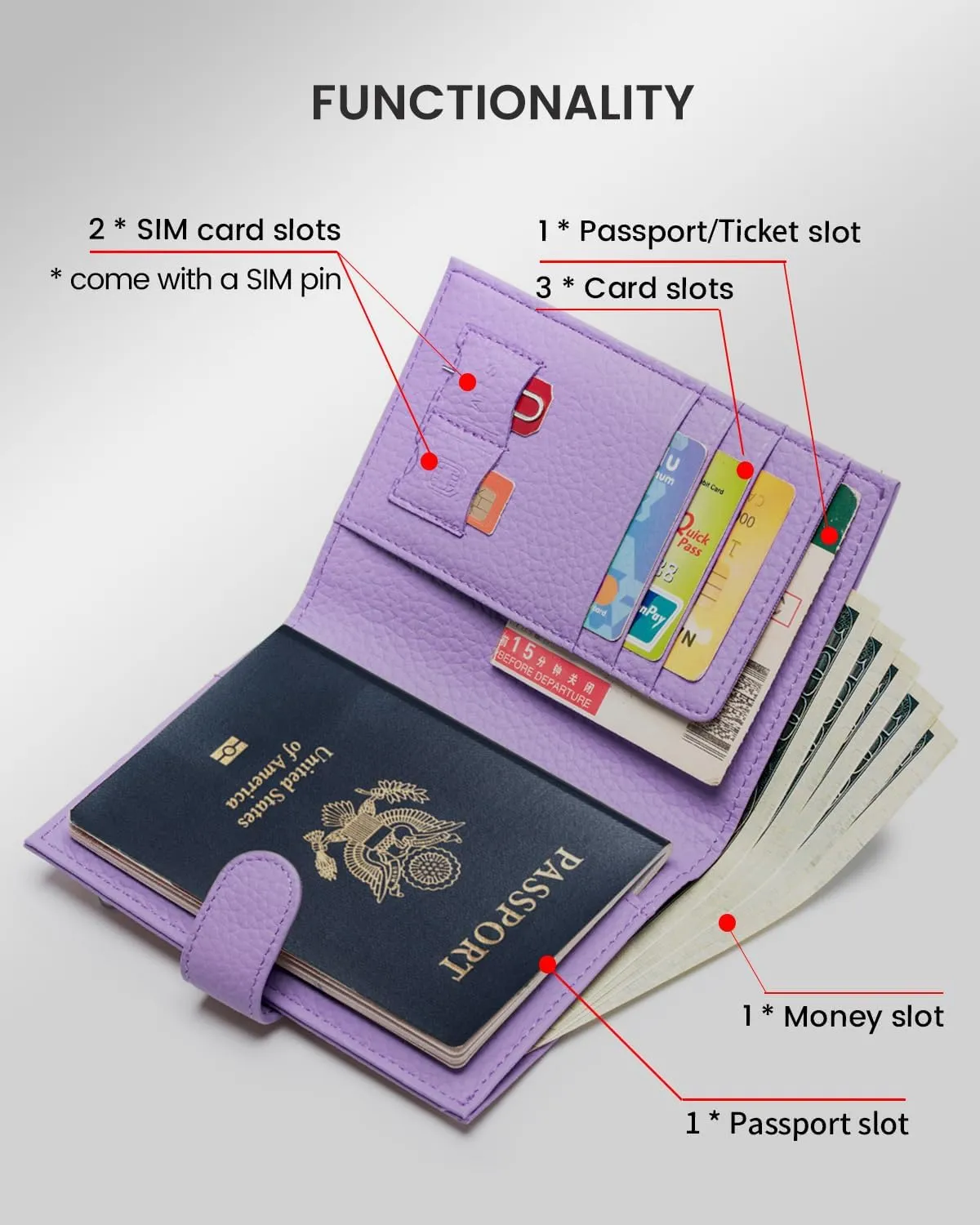 RFID Passport Holder Travel Wallet for Women, Leather Passport Cover Wallet with Card Holders SIM Slots,Zippered Coins Pocket and Cash Slot Slim Compact Travel Wallet (Taro Purple)