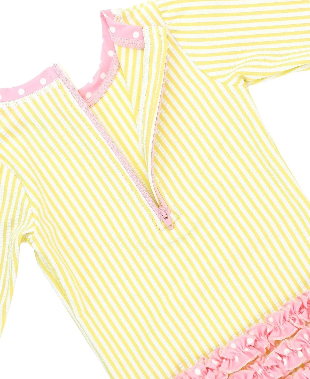 RuffleButts Baby/Toddler Girls Seersucker Long Sleeve One Piece Rash Guard Swimsuit with UPF 50  Sun Protection