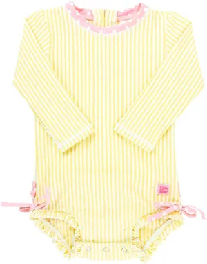 RuffleButts Baby/Toddler Girls Seersucker Long Sleeve One Piece Rash Guard Swimsuit with UPF 50  Sun Protection
