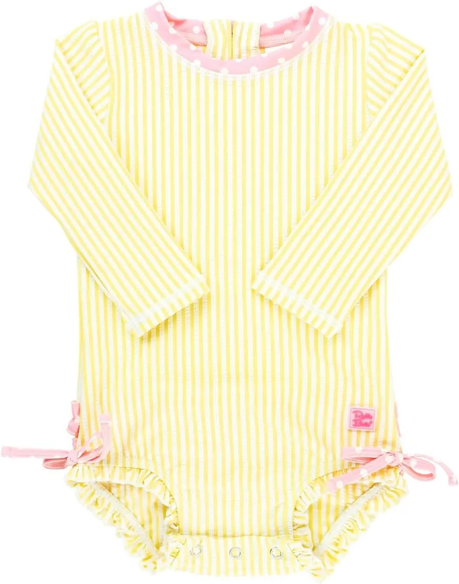 RuffleButts Baby/Toddler Girls Seersucker Long Sleeve One Piece Rash Guard Swimsuit with UPF 50  Sun Protection