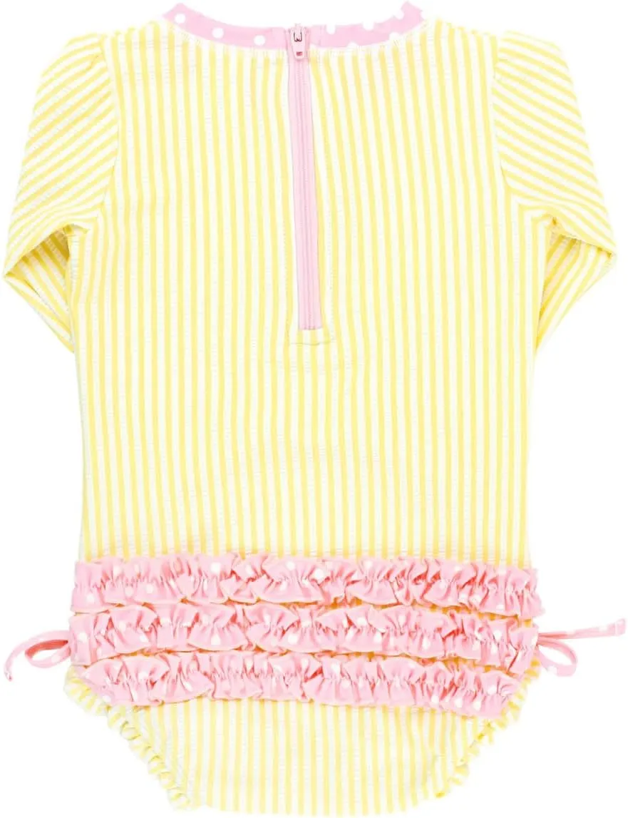 RuffleButts Baby/Toddler Girls Seersucker Long Sleeve One Piece Rash Guard Swimsuit with UPF 50  Sun Protection