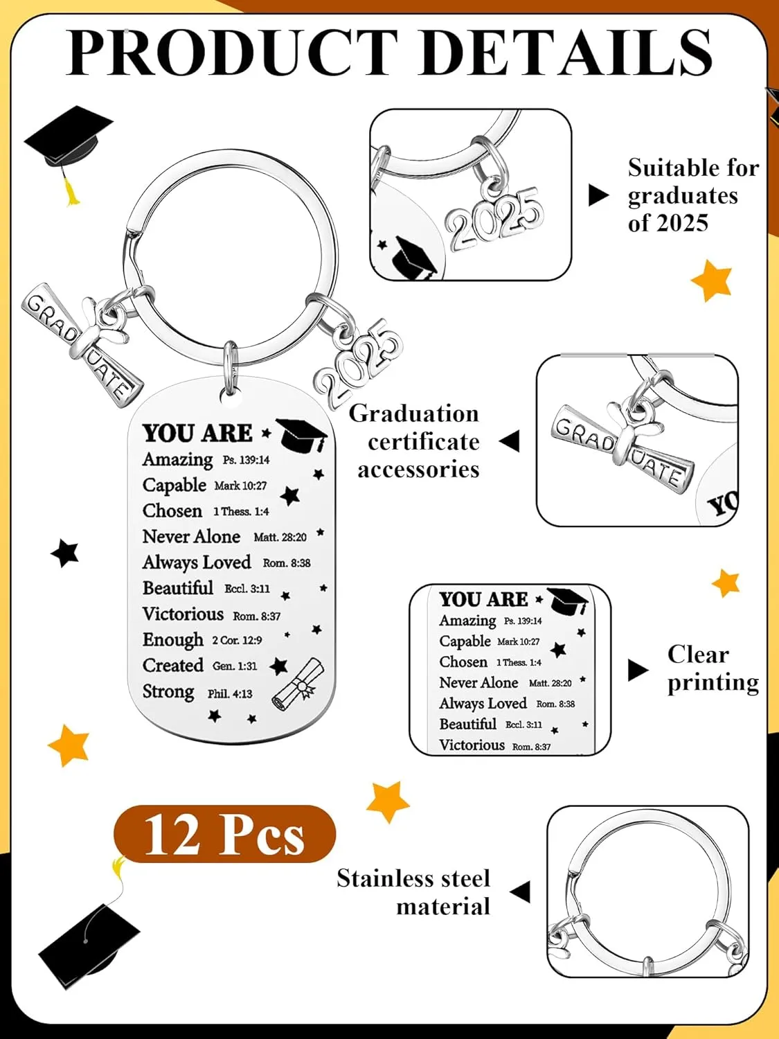 Sureio 12 Pcs Class of 2025 Keychain Graduation Keychain Gifts Bulk Senior Night Gifts for Women Men