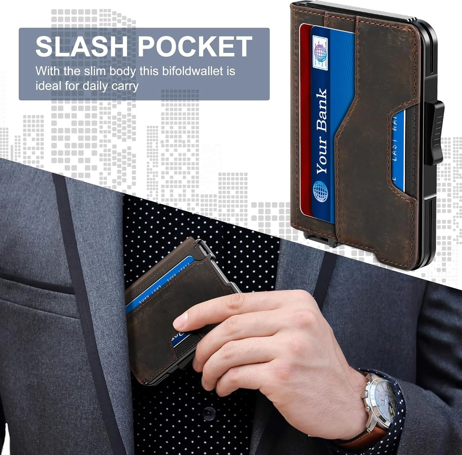 Wallet for Men - Pop Up Case, Cash Slot, and Credit Card Wallet - Slim Minimalist Aluminum Front Pocket Wallet with RFID Blocking/ID Window (Genuine Leather Dark Coffee)
