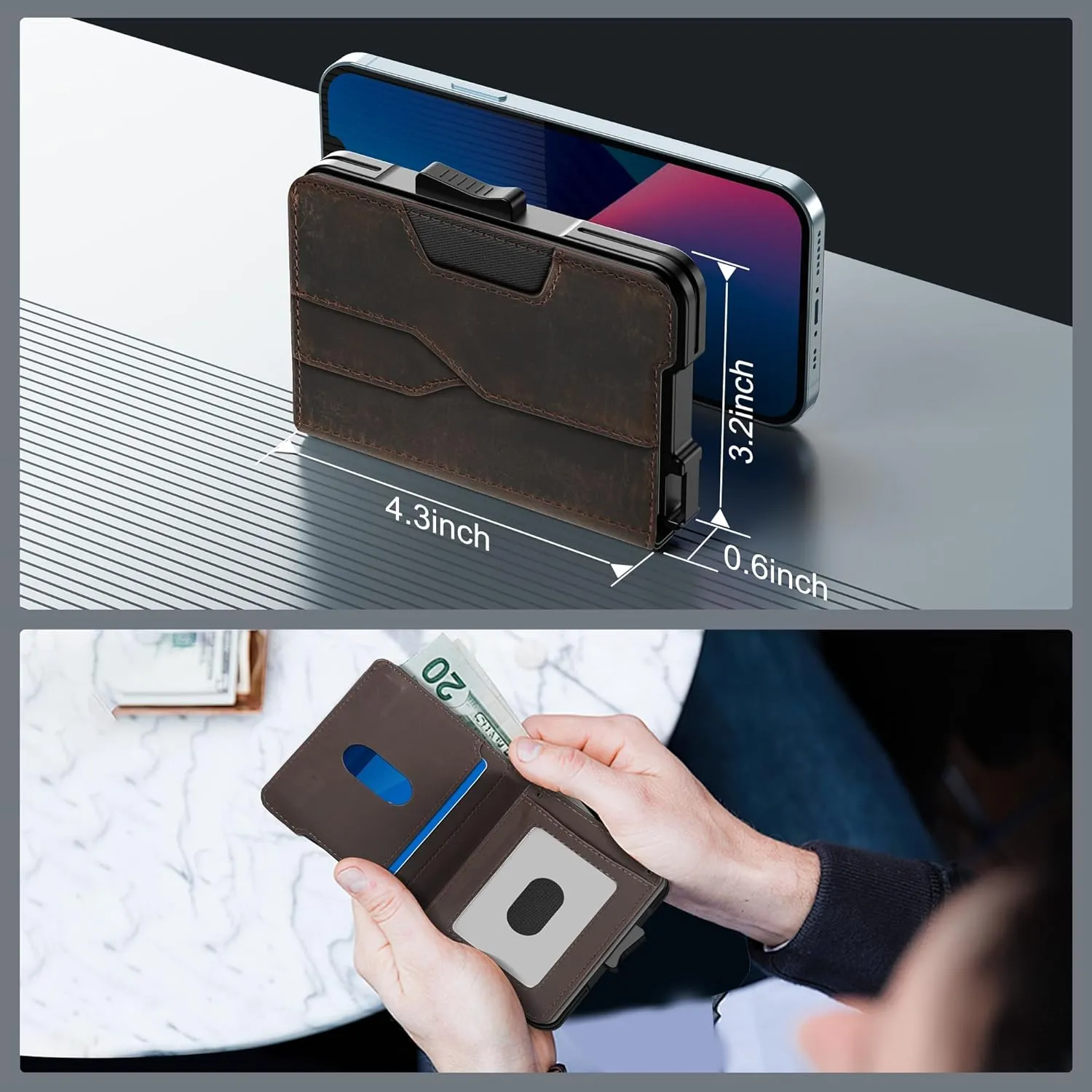 Wallet for Men - Pop Up Case, Cash Slot, and Credit Card Wallet - Slim Minimalist Aluminum Front Pocket Wallet with RFID Blocking/ID Window (Genuine Leather Dark Coffee)