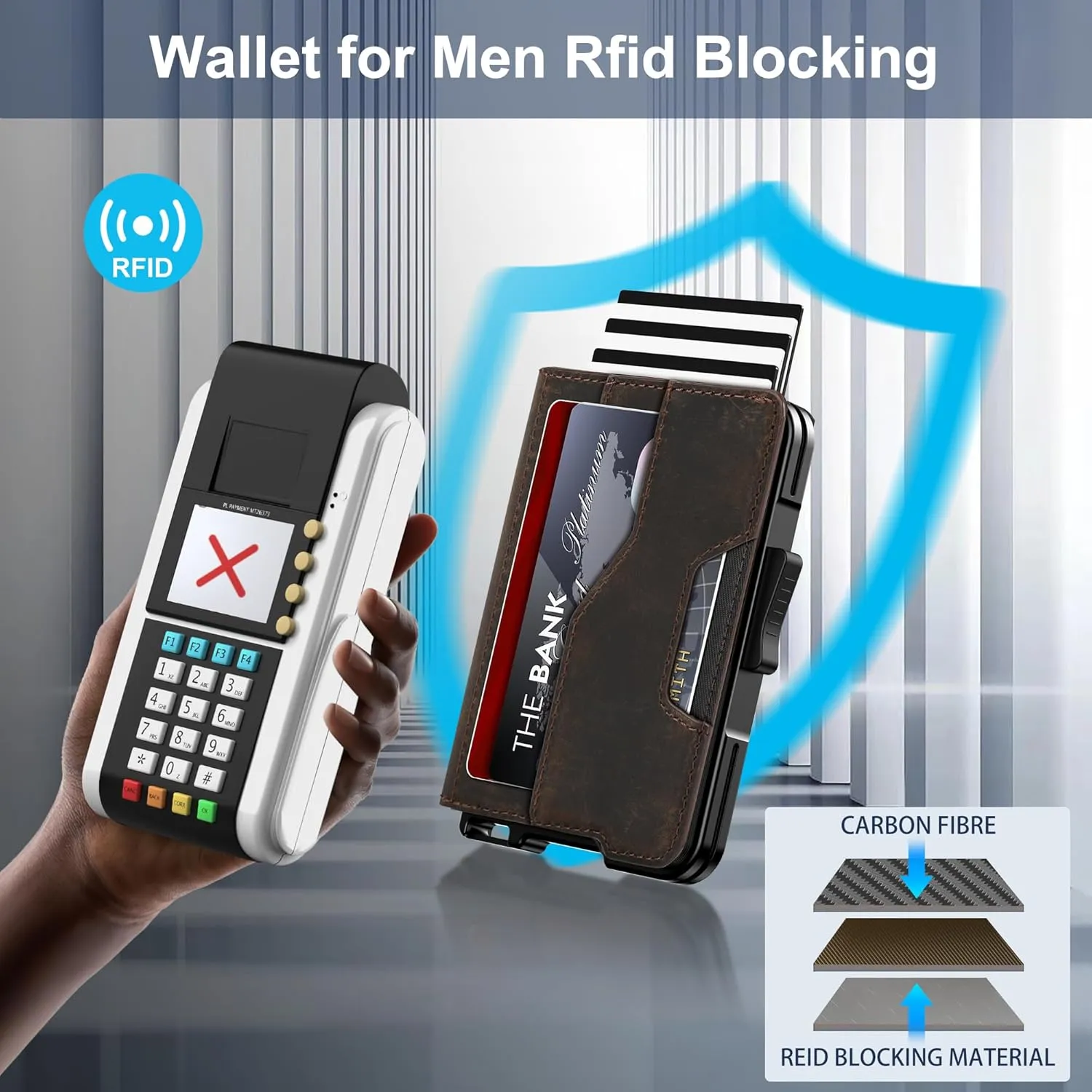 Wallet for Men - Pop Up Case, Cash Slot, and Credit Card Wallet - Slim Minimalist Aluminum Front Pocket Wallet with RFID Blocking/ID Window (Genuine Leather Dark Coffee)