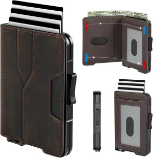 Wallet for Men - Pop Up Case, Cash Slot, and Credit Card Wallet - Slim Minimalist Aluminum Front Pocket Wallet with RFID Blocking/ID Window (Genuine Leather Dark Coffee)