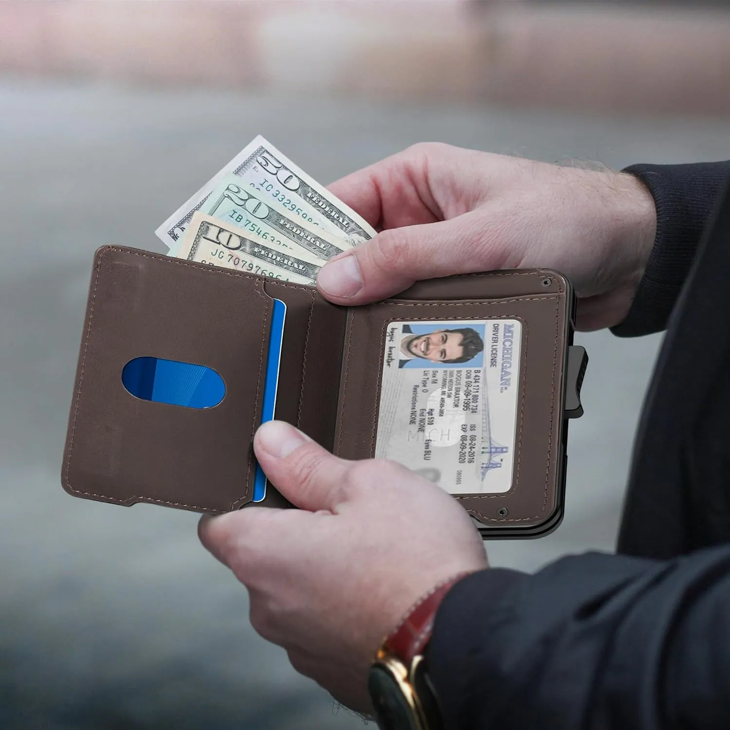 Wallet for Men - Pop Up Case, Cash Slot, and Credit Card Wallet - Slim Minimalist Aluminum Front Pocket Wallet with RFID Blocking/ID Window (Genuine Leather Dark Coffee)