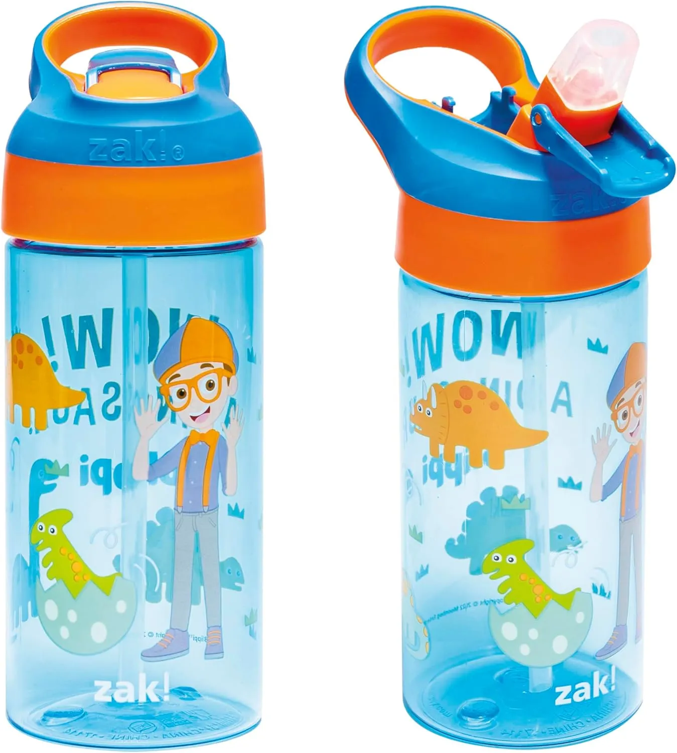 Zak Designs Blippi Kids Water Bottle with Spout Cover and Built-in Carrying Loop, Made of Durable Plastic, Leak-Proof Water Bottle Design for Travel (17.5 oz, Pack of 2)