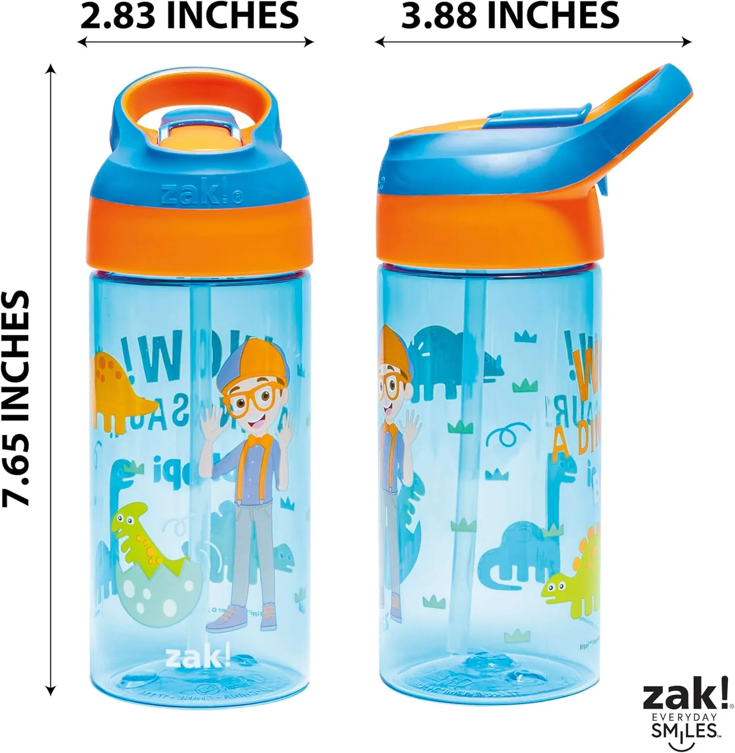 Zak Designs Blippi Kids Water Bottle with Spout Cover and Built-in Carrying Loop, Made of Durable Plastic, Leak-Proof Water Bottle Design for Travel (17.5 oz, Pack of 2)