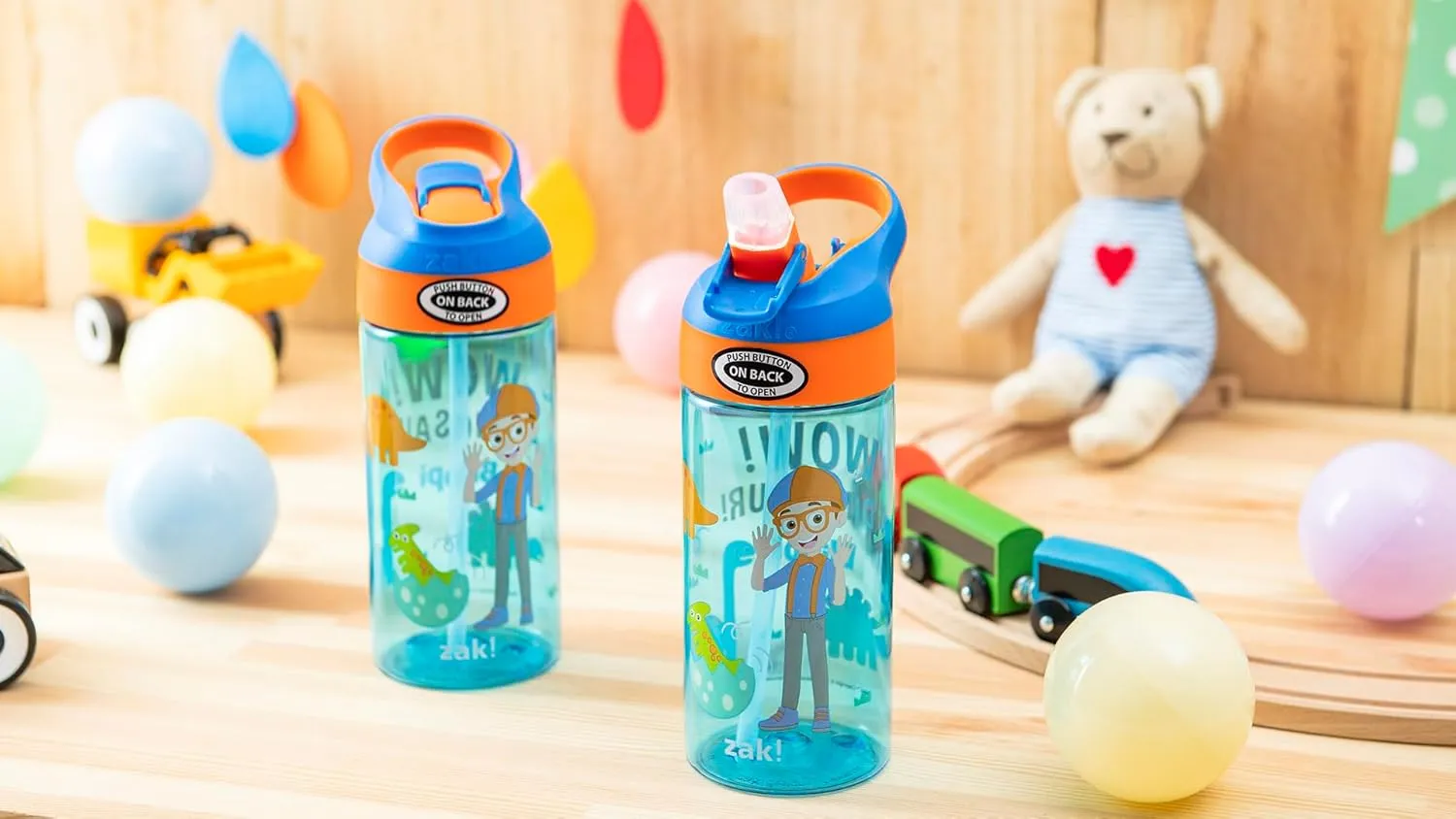 Zak Designs Blippi Kids Water Bottle with Spout Cover and Built-in Carrying Loop, Made of Durable Plastic, Leak-Proof Water Bottle Design for Travel (17.5 oz, Pack of 2)