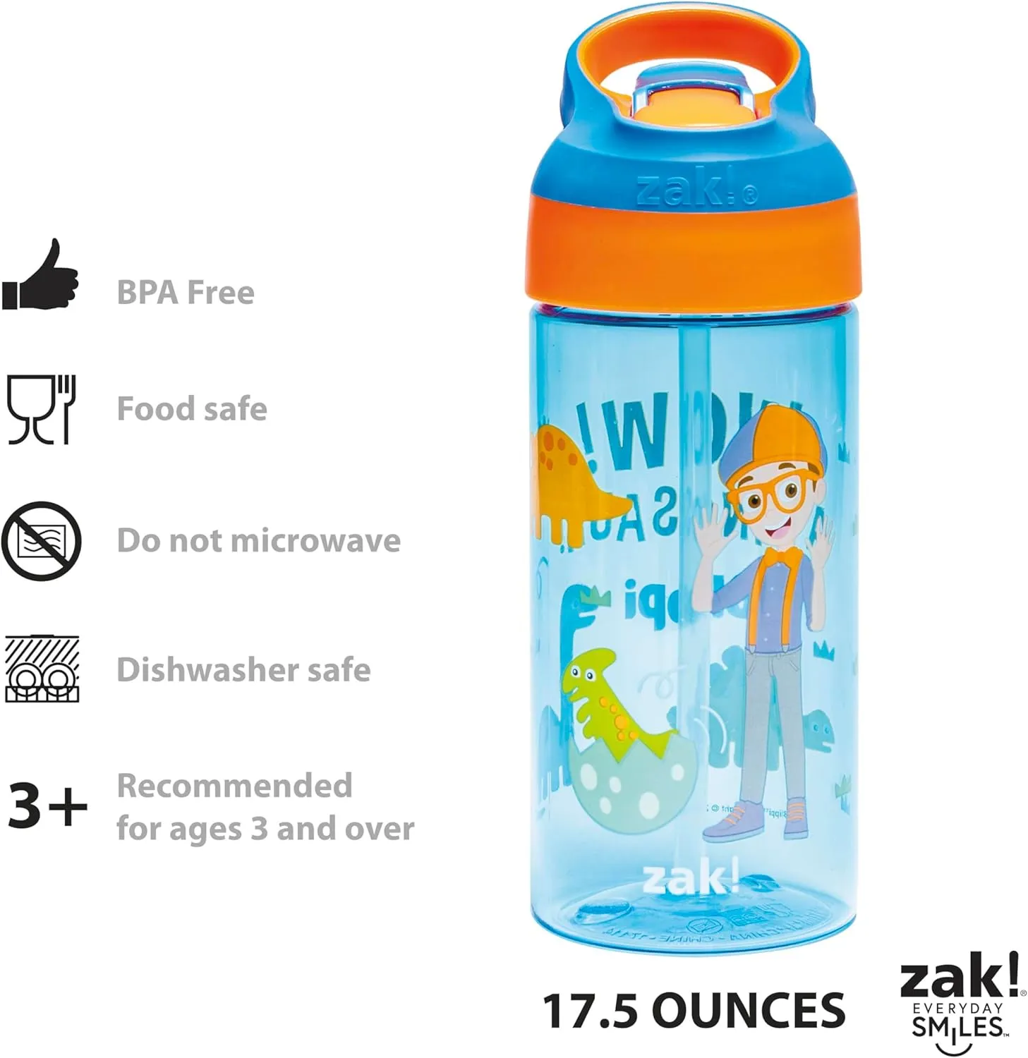 Zak Designs Blippi Kids Water Bottle with Spout Cover and Built-in Carrying Loop, Made of Durable Plastic, Leak-Proof Water Bottle Design for Travel (17.5 oz, Pack of 2)