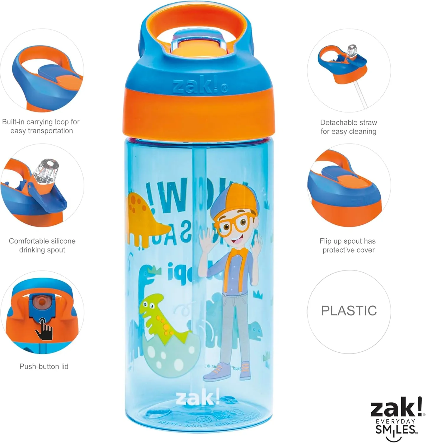 Zak Designs Blippi Kids Water Bottle with Spout Cover and Built-in Carrying Loop, Made of Durable Plastic, Leak-Proof Water Bottle Design for Travel (17.5 oz, Pack of 2)